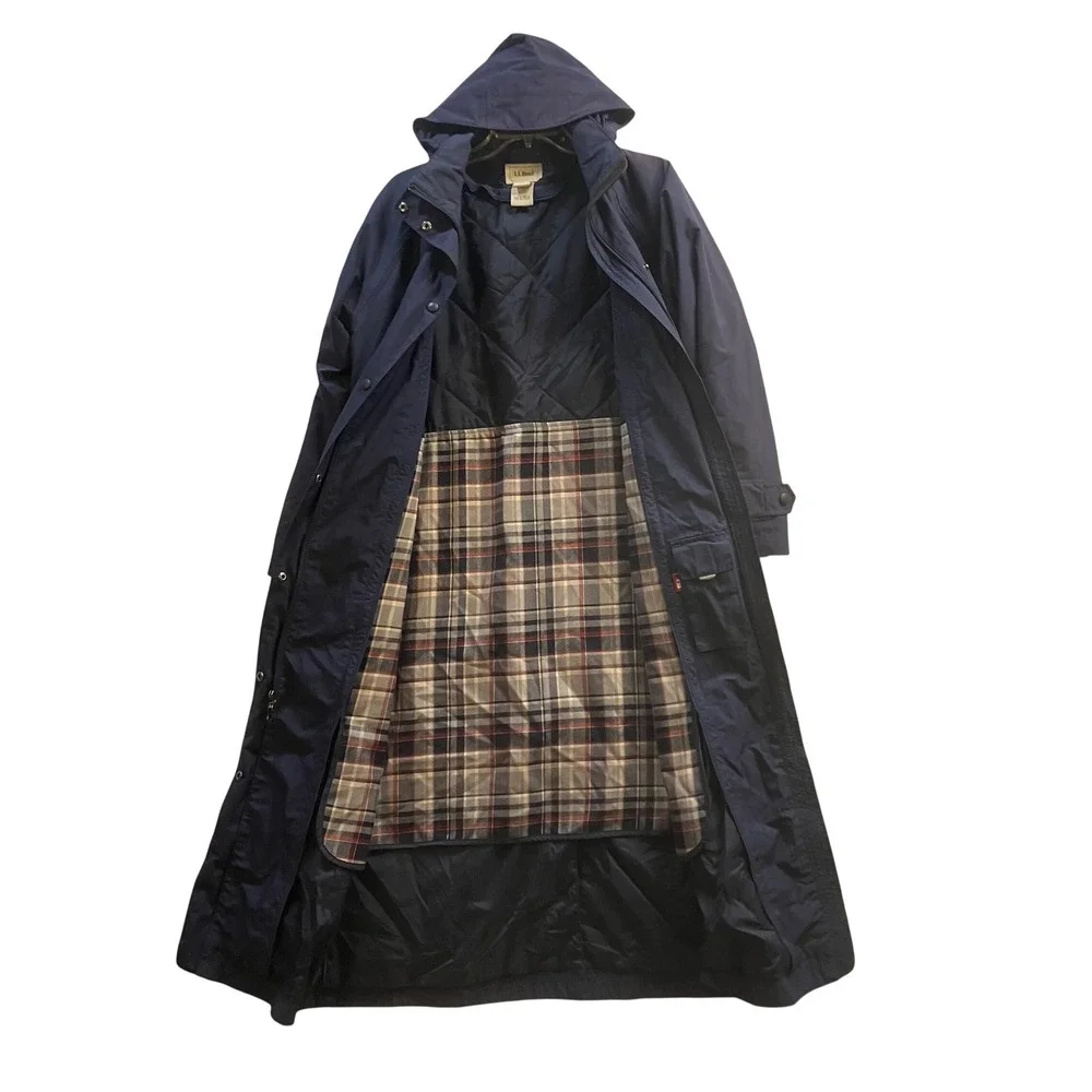LL Bean Womens Small Regular Navy Blue Long Hooded Rain Coat Plaid Flannel Lined - Picture 3 of 14
